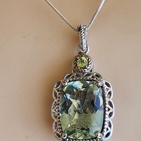 Intricate Sterling Silver 14k Gold Green Quartz Gemstone Necklace Chain Jeweley - Picture 9 of 10